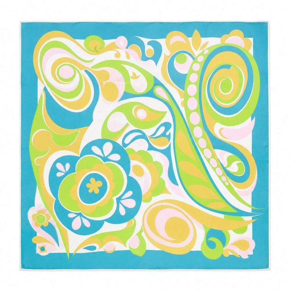 Vintage Psychedelic Floral Paisley Square Scarf Blue Green Mid‎ Century Chic